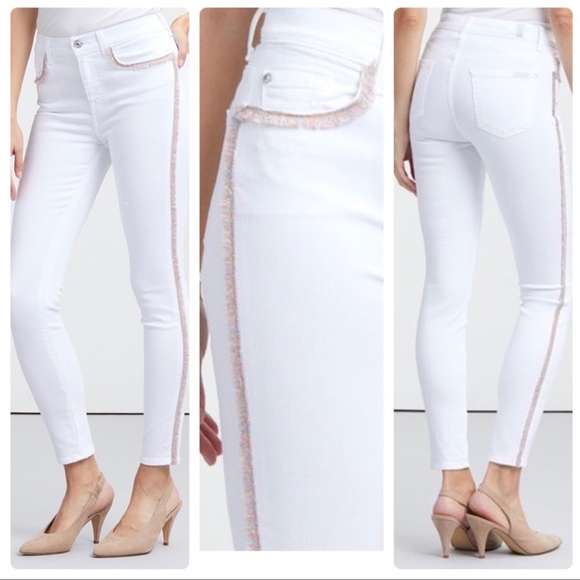 7 For All Mankind Pants - 7 For All Mankind white skinny jeans w pink fringe side of pant and pocket NWOT